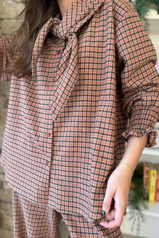 Donald Plaid Brushed Cotton Neckerchief Blouse Rust
